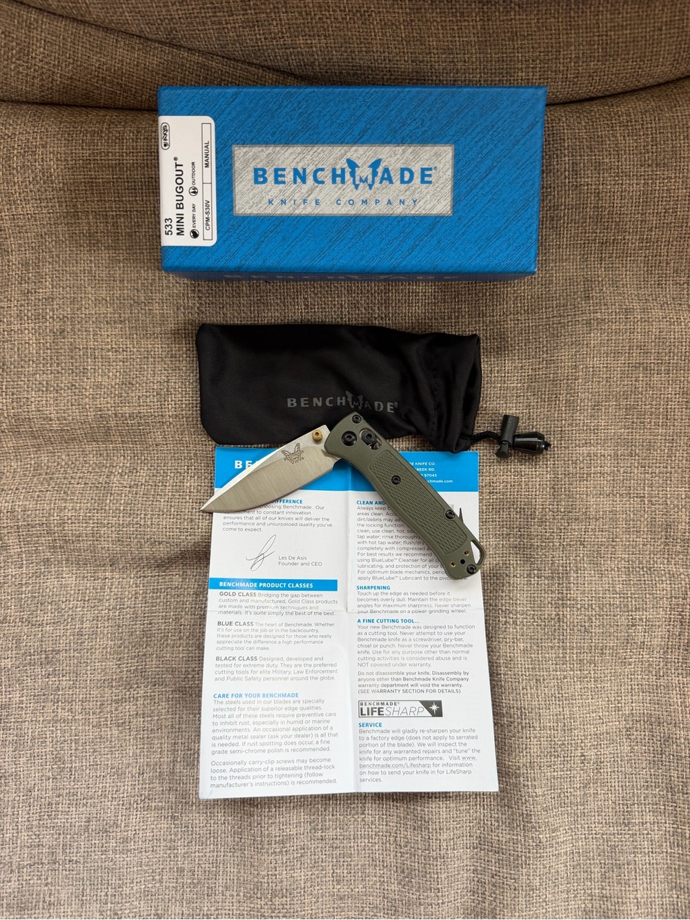Benchmade Mini Bugout Folding Knife - Olive Green Handle, Silver Blade